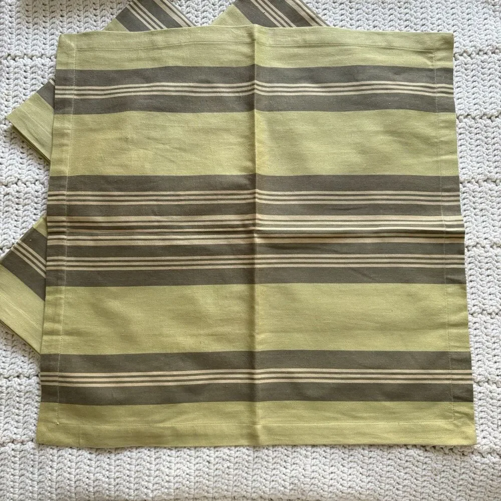 Pottery Barn Set Of Olive Green Striped Cotton Fabric Dinner Napkins 22” x 22”